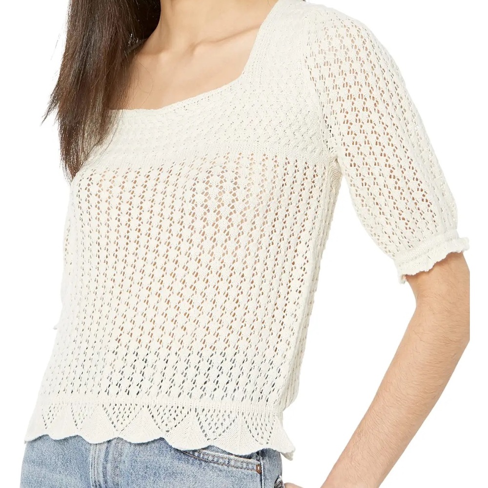 saltwater LUXE Cream Knit Square Neck Puff Sleeve Sweater Top - Picture 16 of 16